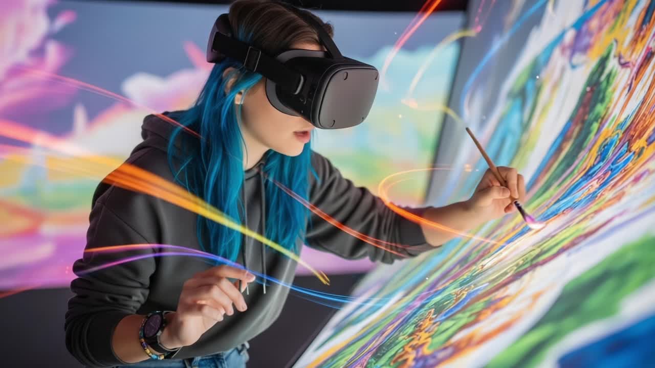 A Creative Journey: An Artist Engaged in Virtual Reality Painting with Vivid Colors and Imaginative Swirls of Light, Merging Technology with Artistic Expression