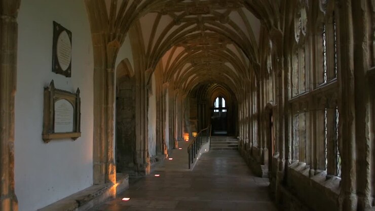 The quiet, atmospheric, arched cloisters in the beautiful medieval cathedral of Wells, in England's smallest city