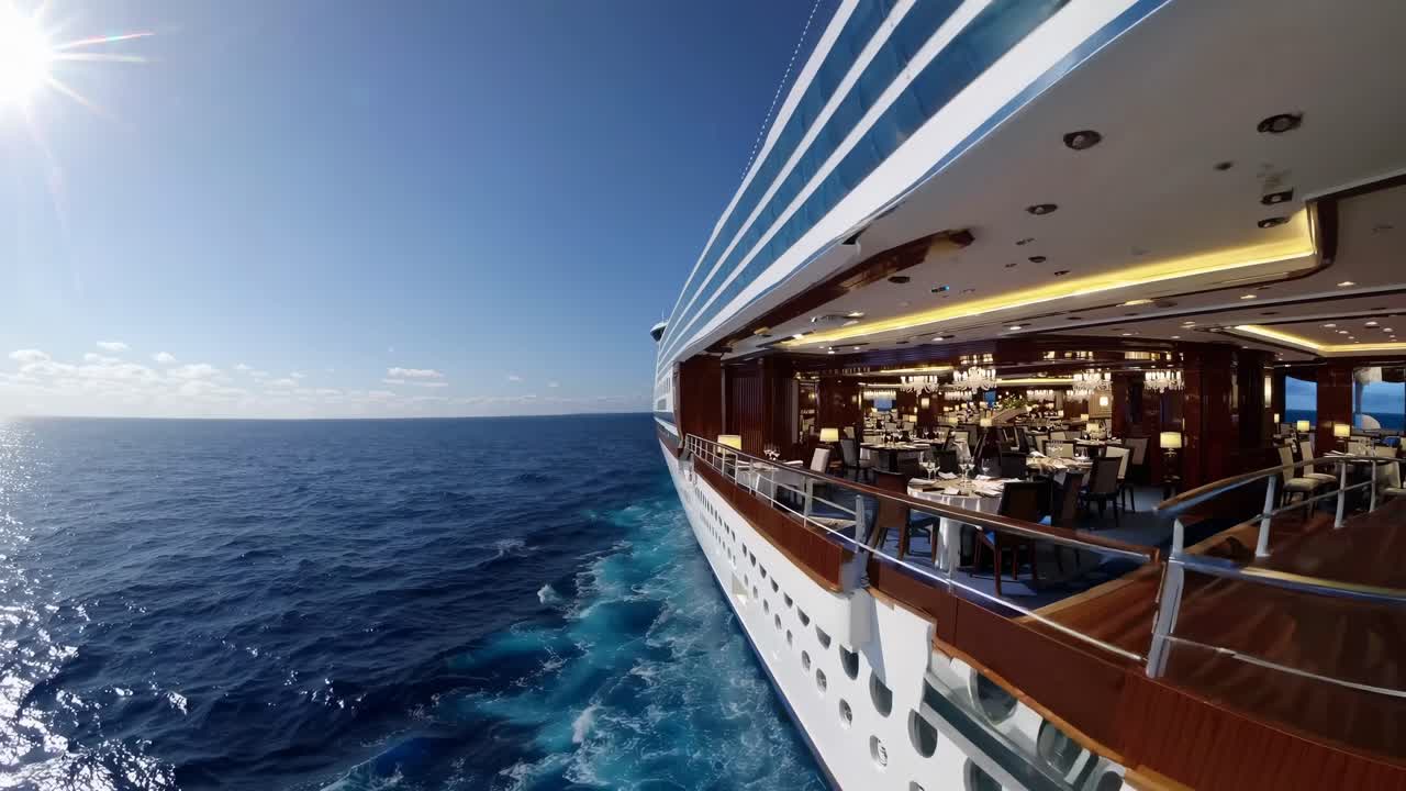 Wide-angle view of a cruise ship sailing on a clear blue ocean under a sunny sky video