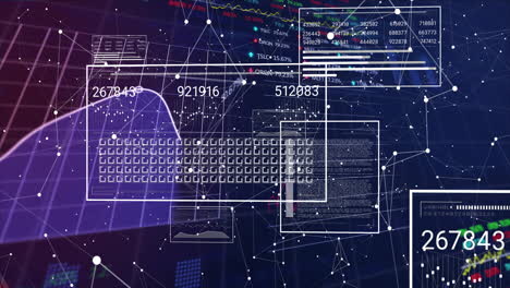 animation of financial data processing and network of connections on black background