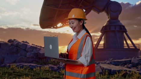 side view of asian female engineer with safety helmet working on a laptop while standing with large satellite dish