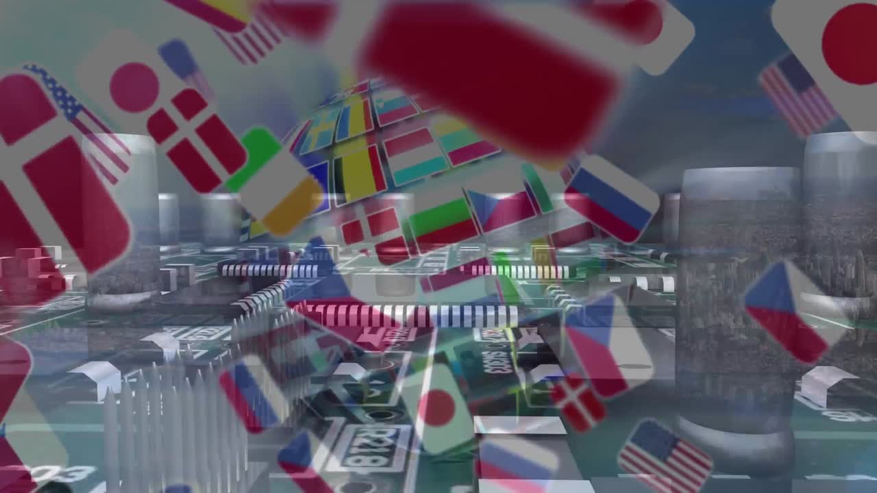 유럽 국가 및 유럽 연합의  ⁇ 발의 애니메이션, 컴퓨터 마더보드 및 도시 풍경