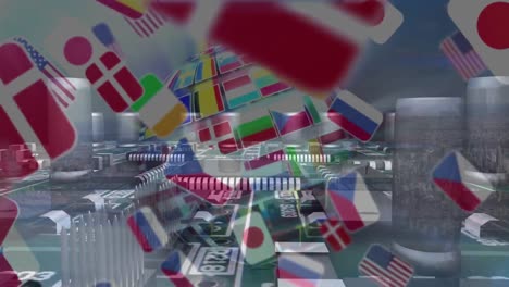 Animation-of-flags-of-european-nations-and-european-union,-over-computer-motherboard-and-cityscape