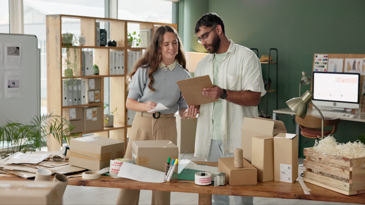 Two entrepreneurs packaging orders for their online store