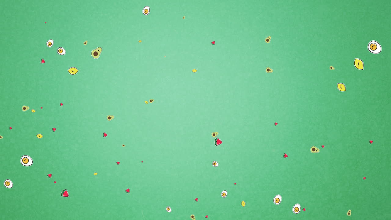 animación de alimentos flotantes sobre un fondo verde