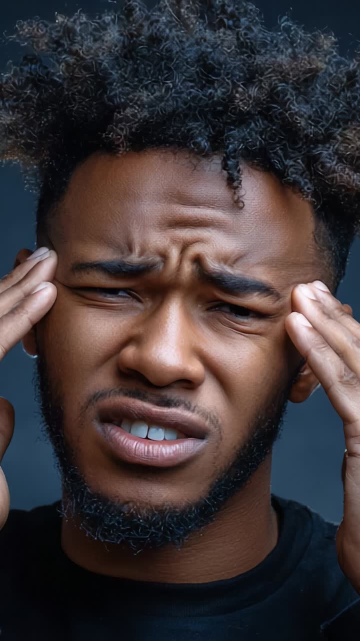Una persona che prova intenso dolore e sofferenza, stringendosi la testa per lo stress emotivo, catturata in due fotogrammi di un video espressivo
