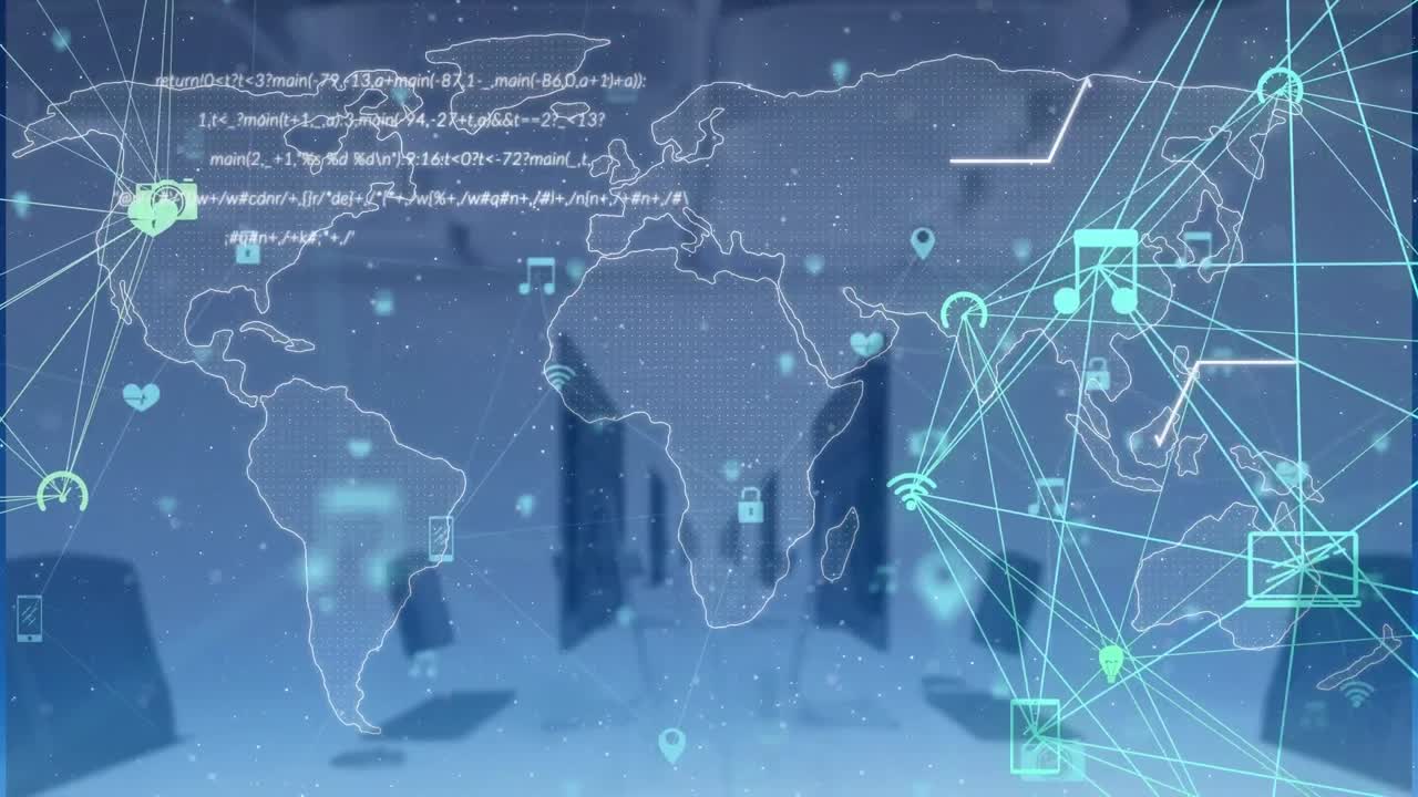공허한 사무실에 대한 컴퓨터 언어와 지도와 연결된 아이콘의 애니메이션