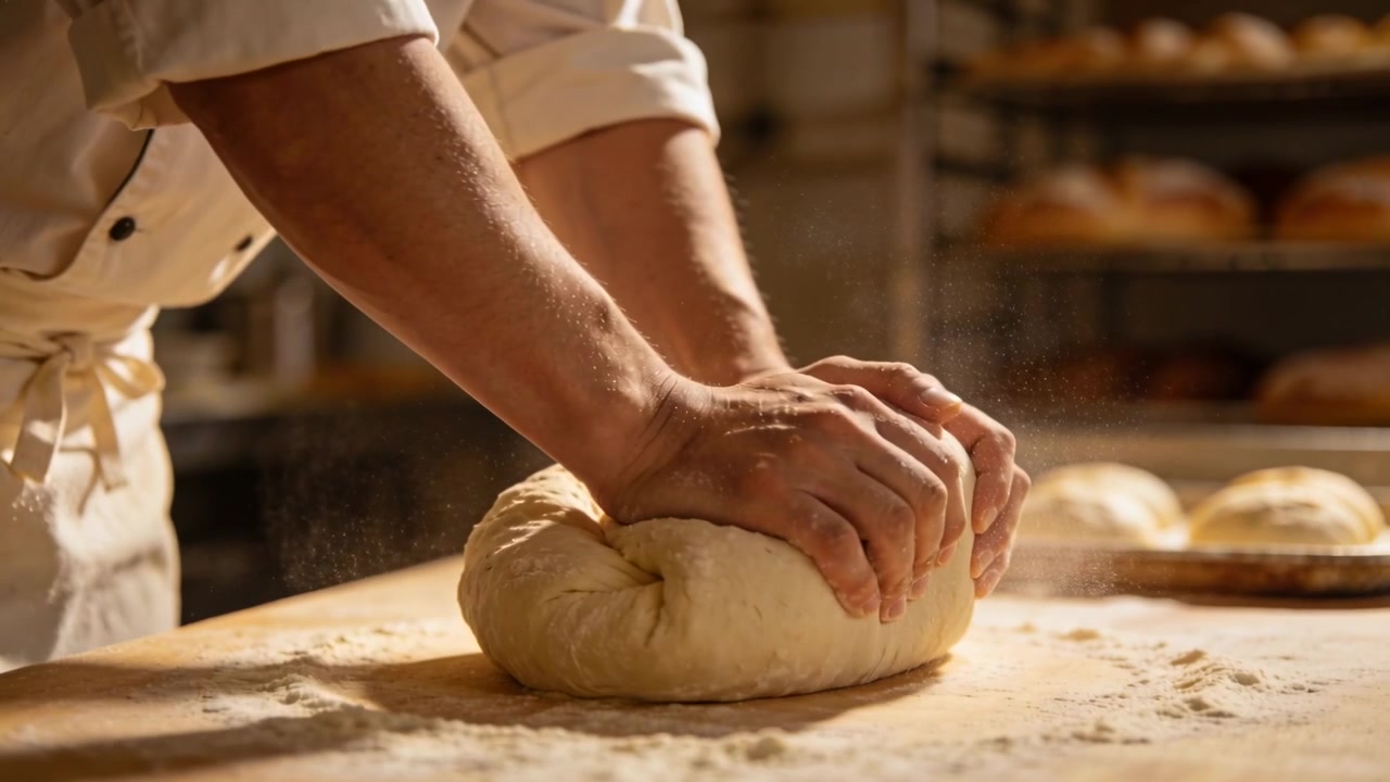 Placing dough, baker pressing, folding and rolling on floured bench, in coat and apron for proofing
