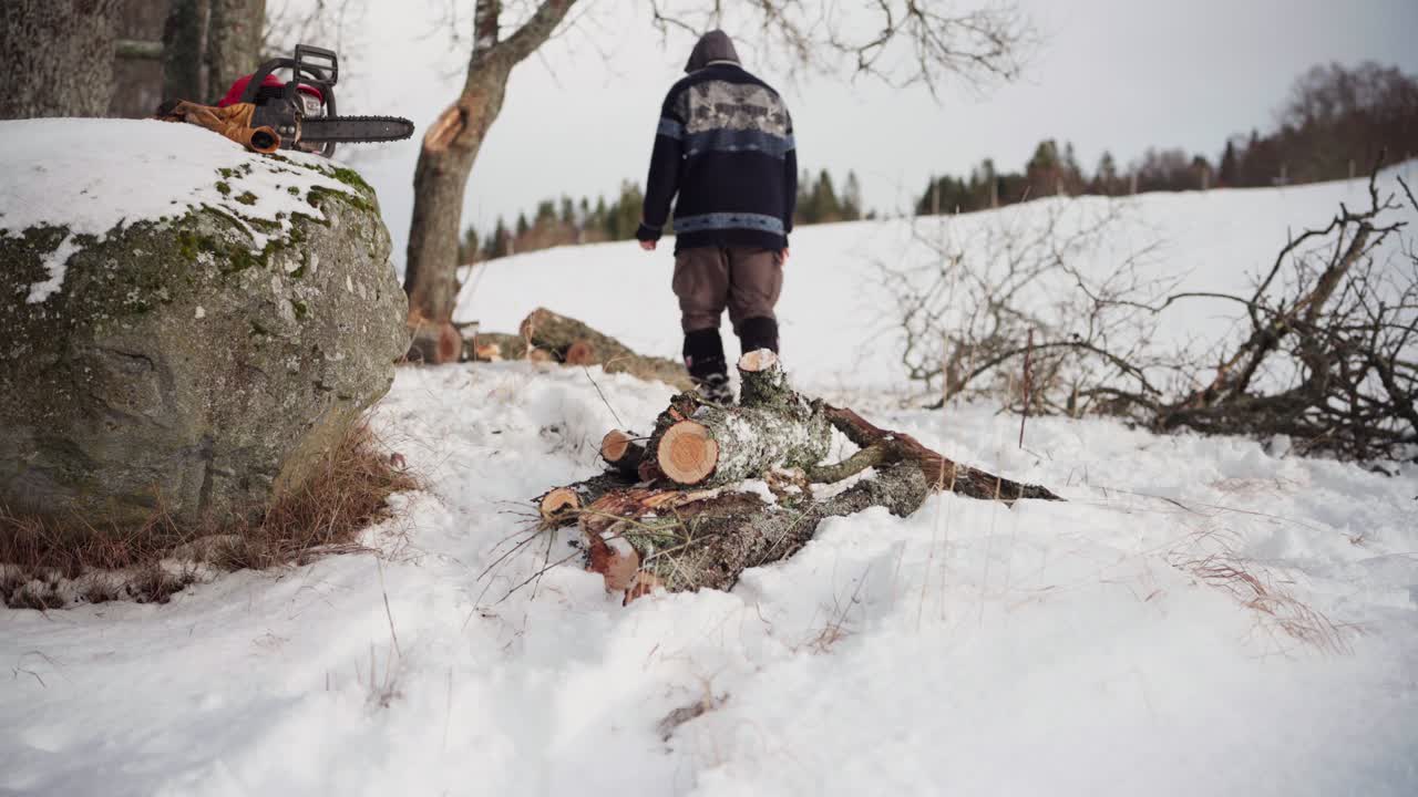 hombre amontonando troncos cortados en el suelo nevado