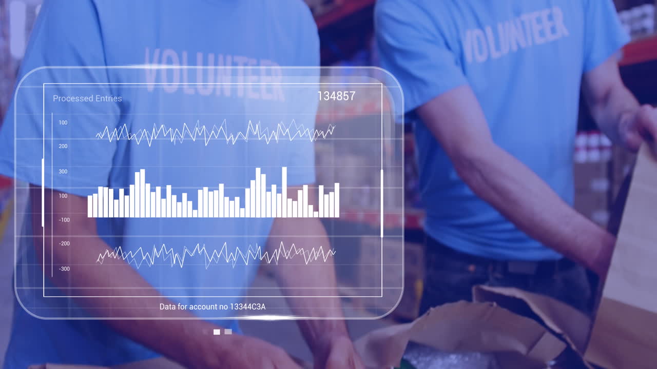 animación del procesamiento de datos sobre dos voluntarios caucásicos abriendo bolsas de donación en el almacén