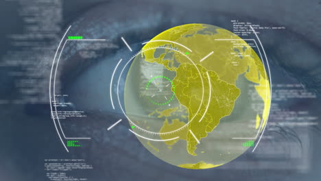 animation of scope scanning, data processing and globe over eye of caucasian woman