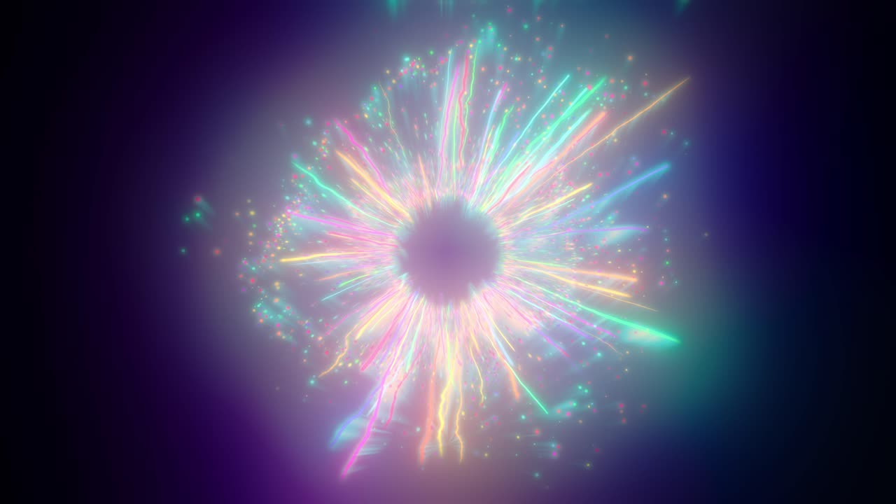 무지개 색의 입자 줄무 ⁇ 가 활기찬 원을 형성하고, 색 ⁇ 이 개방되는 추상적인 눈