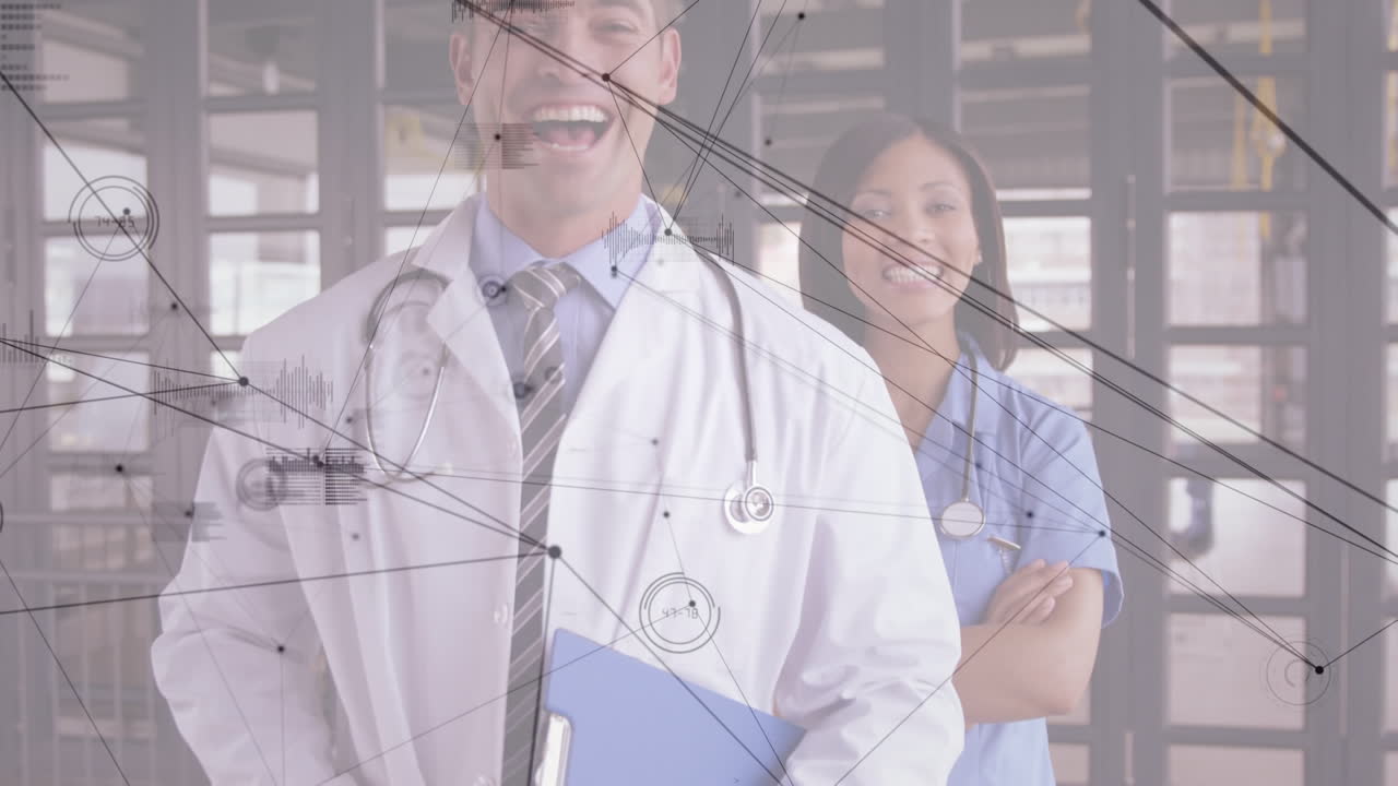 animación de conexiones a través de doctores femeninos y masculinos diversos y felices