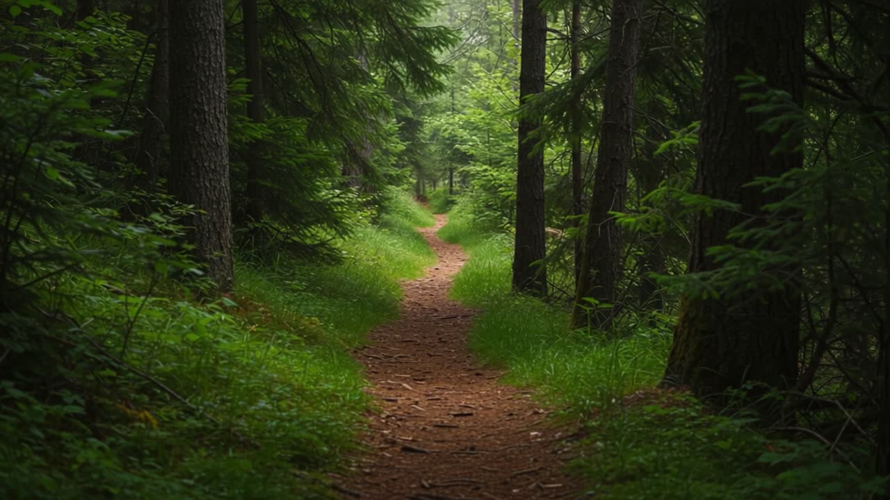 A Serene Woodland Pathway Meandering Through Lush Green Forest Under Soft Natural Light, Inviting Adventure and Tranquility in Nature