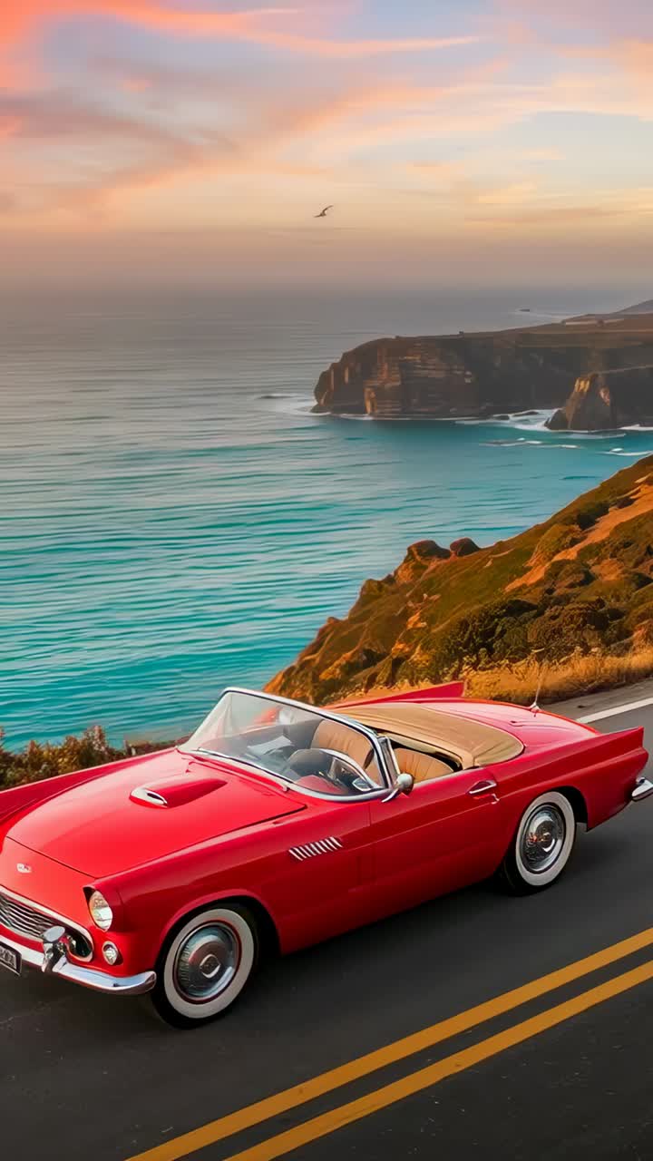 Video verticale: cabriolet rossa in movimento su una strada costiera al tramonto, interni color cuoio in mostra