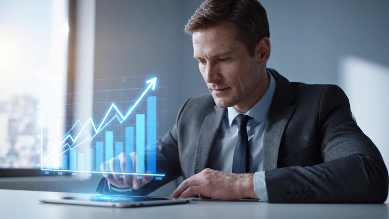 Uomo d'affari professionista che analizza grafici digitali su un tablet, mostrando tendenze e crescita, e dimostrando competenze in tecnologia moderna e analisi aziendale.