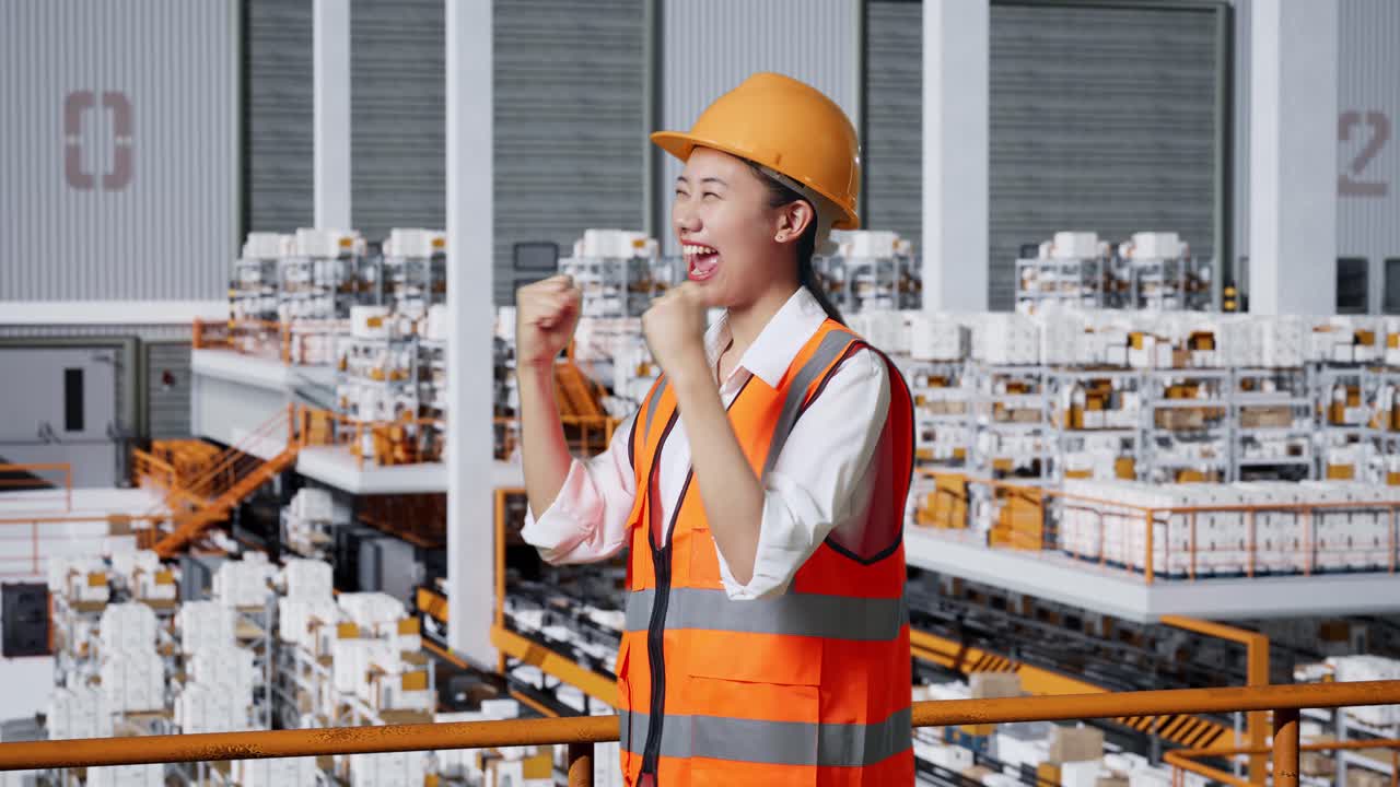 안전 헬을 입은 아시아 여성 엔지니어의 측면 뷰. 서서 비명을 지르는 골. 배달 상품으로 가득 찬 선반으로 창고에서 일하는 것을 축하하는.