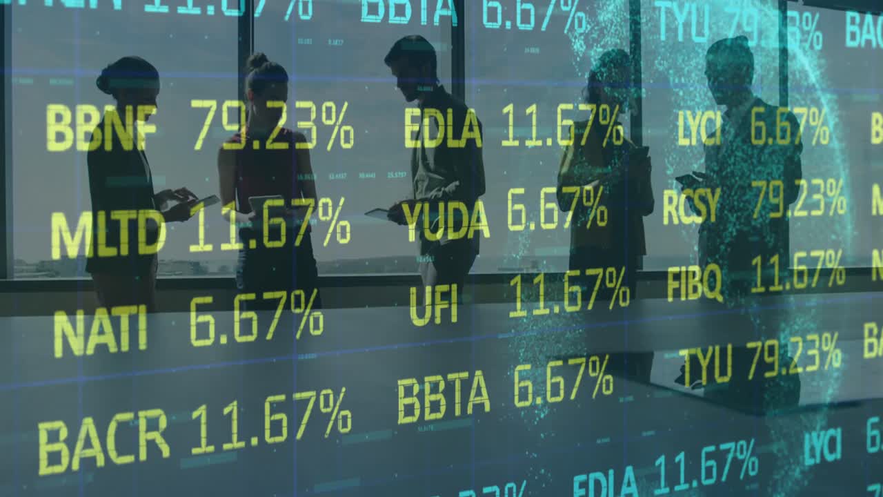 Animation of financial data processing over business people