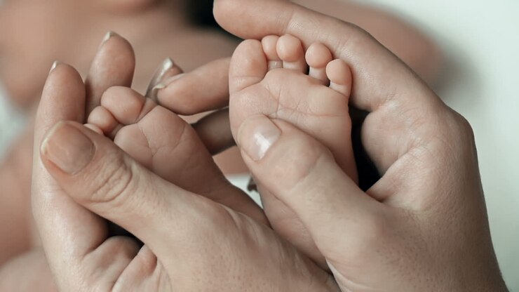 Close Up Of Little Baby Feet In Hands Of Unrecognizable Mother