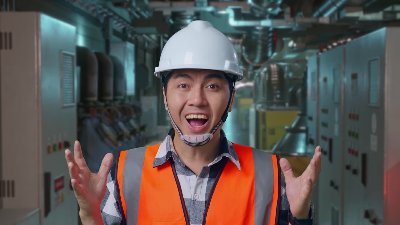 Close Up Of Asian Male Engineer With Safety Helmet Smiling To Camera And Saying Wow While Standing In Engine Control Room, Work Of Electrical Generators