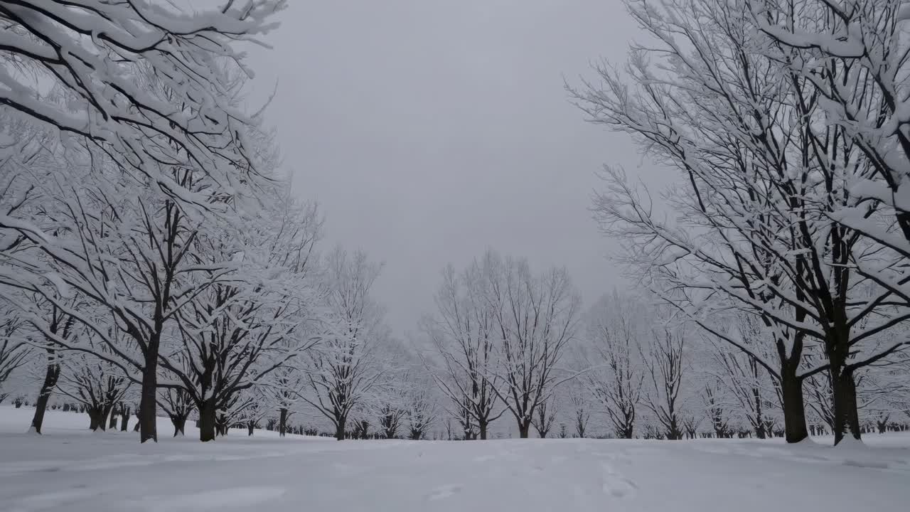 A serene winter landscape video capturing snow-covered trees from a low-angle perspective