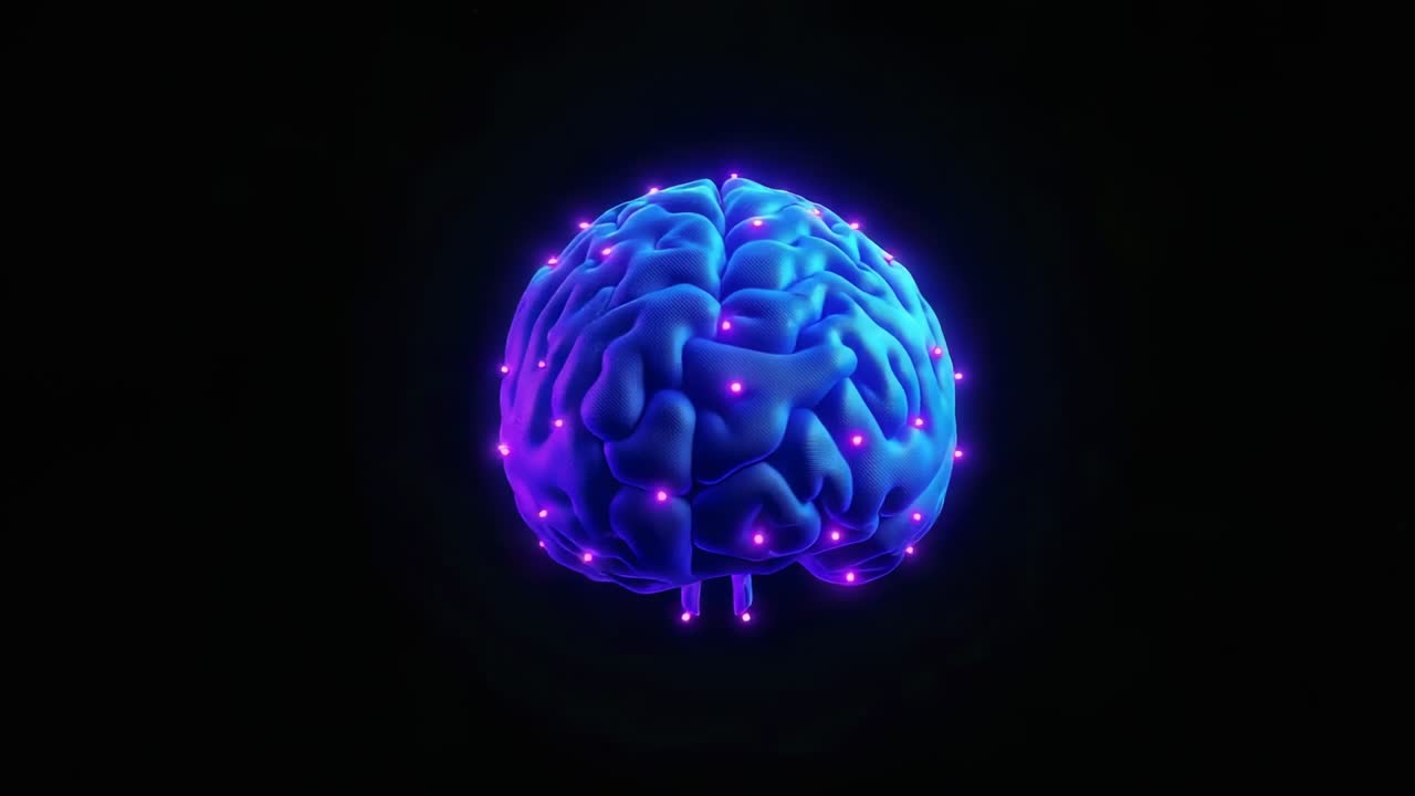 Play starting 3D brain rotating in void lit purple pulsing pink nodes showing cerebellum signaling
