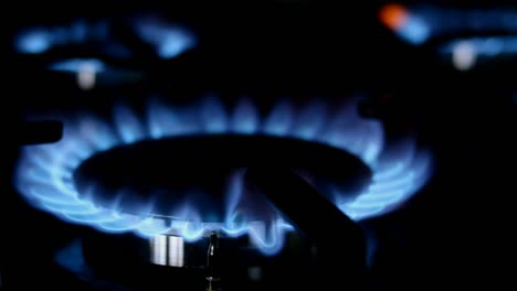 process of burning and appearing blue flame of gas methane or propane on kitchen gas stove.