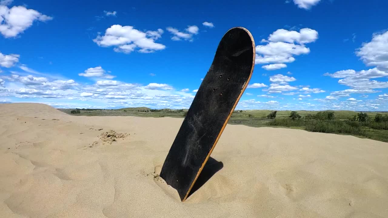 Skateboard deck sitting in sand at the Alberta sand dunes on a sunny day.