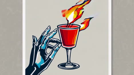 stylized graphic of hands and a flaming goblet