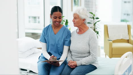 healthcare, clipboard and nurse talking to