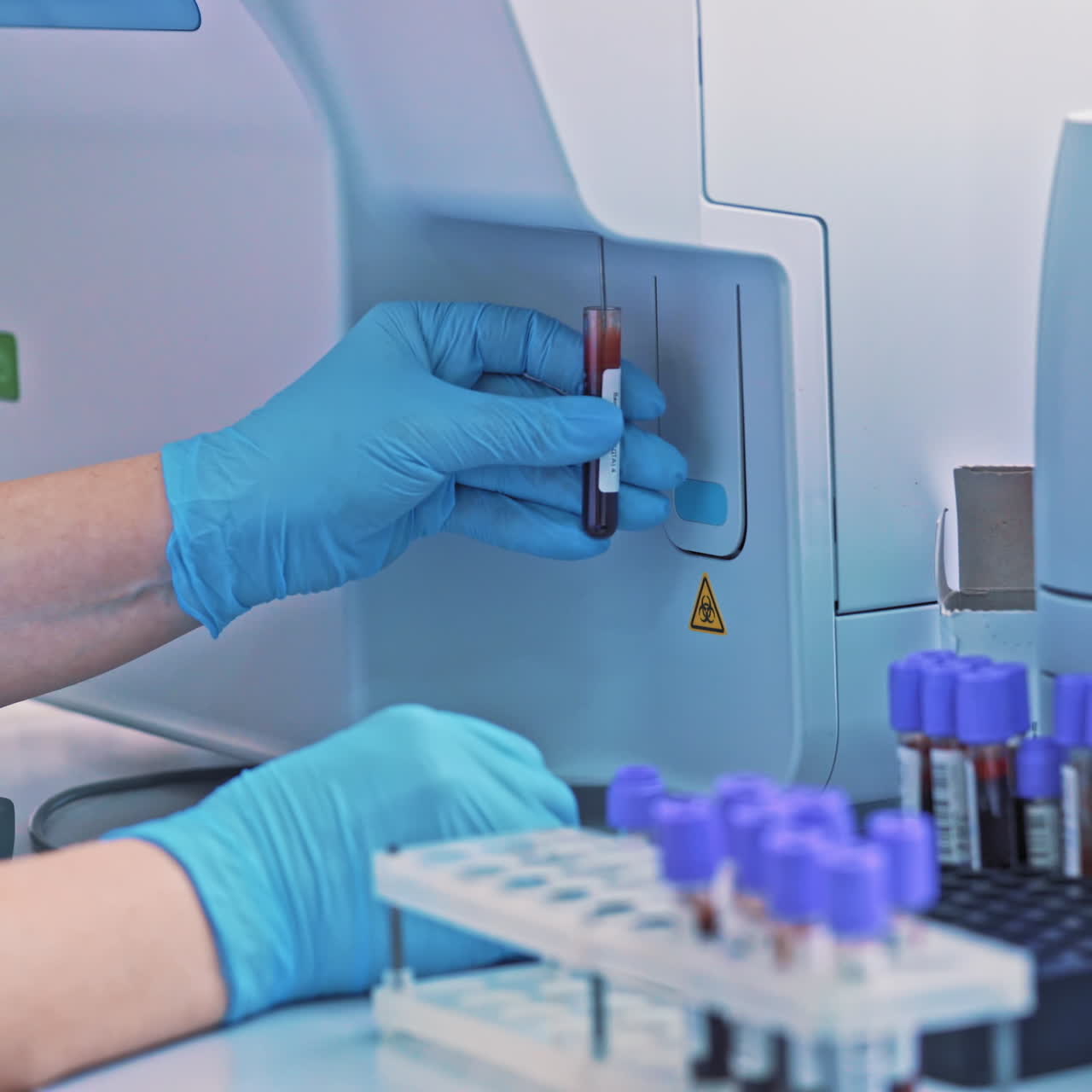 Close-up of female hands filling the tube with blood from the automated machine. Technician uses laboratory equipment while working with samples in tubes indoors.