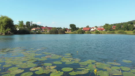 Drone-flying-above-the-water-of-small-lake-Podpeč-near-village-Jezero,-Slovenia,-with-summer-green-nature-and-rising-up-at-the-end