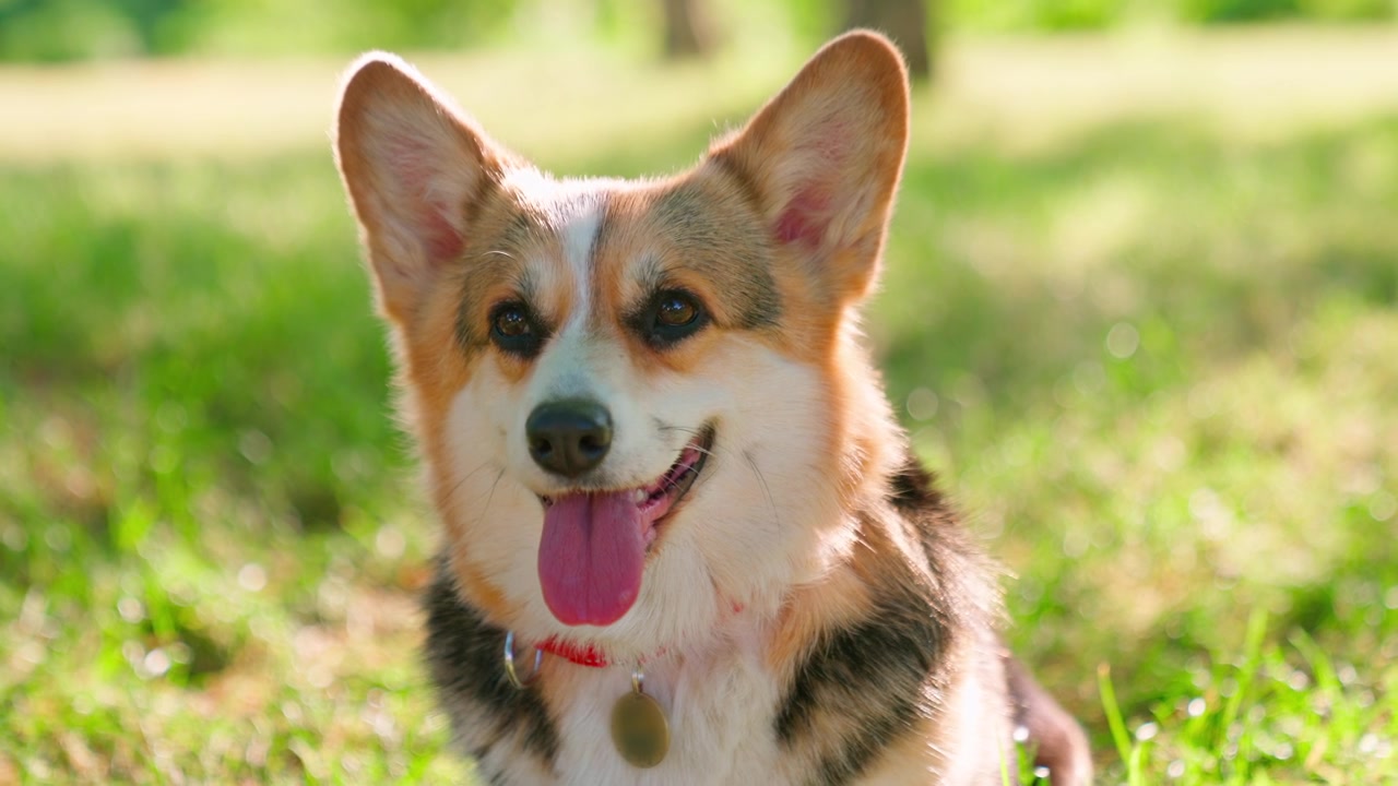 Perro Corgi feliz sentado y jadeando en la hierba verde
