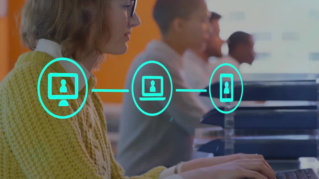 Animation of network of digital icons against caucasian woman using computer at office