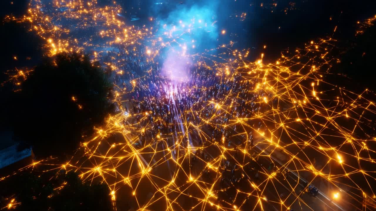 A Spectacular Display of Electric Light Patterns Illuminating the Night Sky, Capturing the Energy and Vibrancy of a Dynamic Gathering Under a Stunning Explosive Colorful Atmosphere