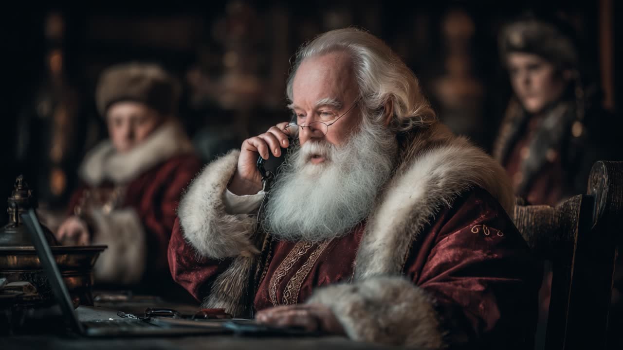 A Thoughtful Santa Claus Engaging in an Important Phone Call While Surrounded by Enchanted Christmas Ambiance Captured in Two Iconic Frames