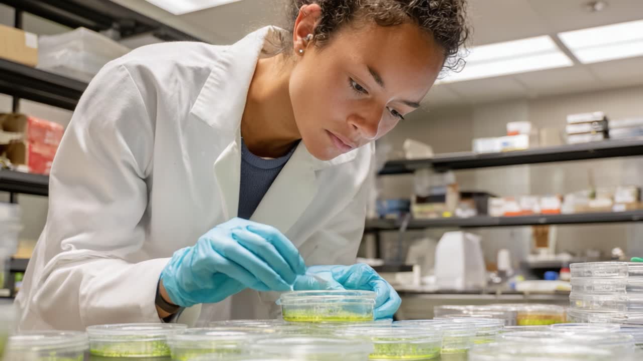 A Dedicated Researcher Conducting Experiments in a Modern Laboratory, Focusing on Cultivating and Analyzing Cultures in Petri Dishes to Advance Scientific Knowledge