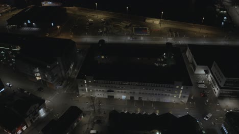 reykjavík art museum hafnarhús at night in capital city of iceland, aerial