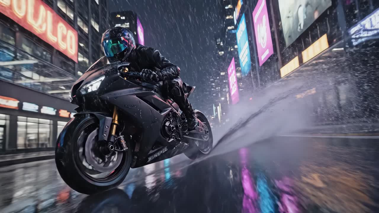 Motorcycle Ride in Rainy City at Night