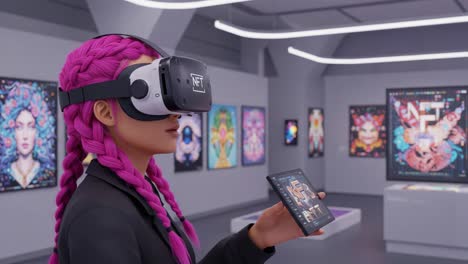 exploring the virtual gallery: a woman engaged in innovative digital art with vr headset while using a device in a modern exhibition space