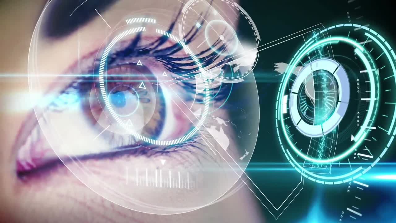 Animation of digital interface over woman's eyes
