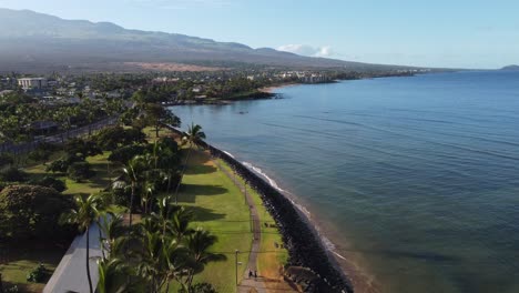 volando sobre el pabellón del parque kalama de maui, en camino al parque cove beach, con una montaña brumosa a la izquierda