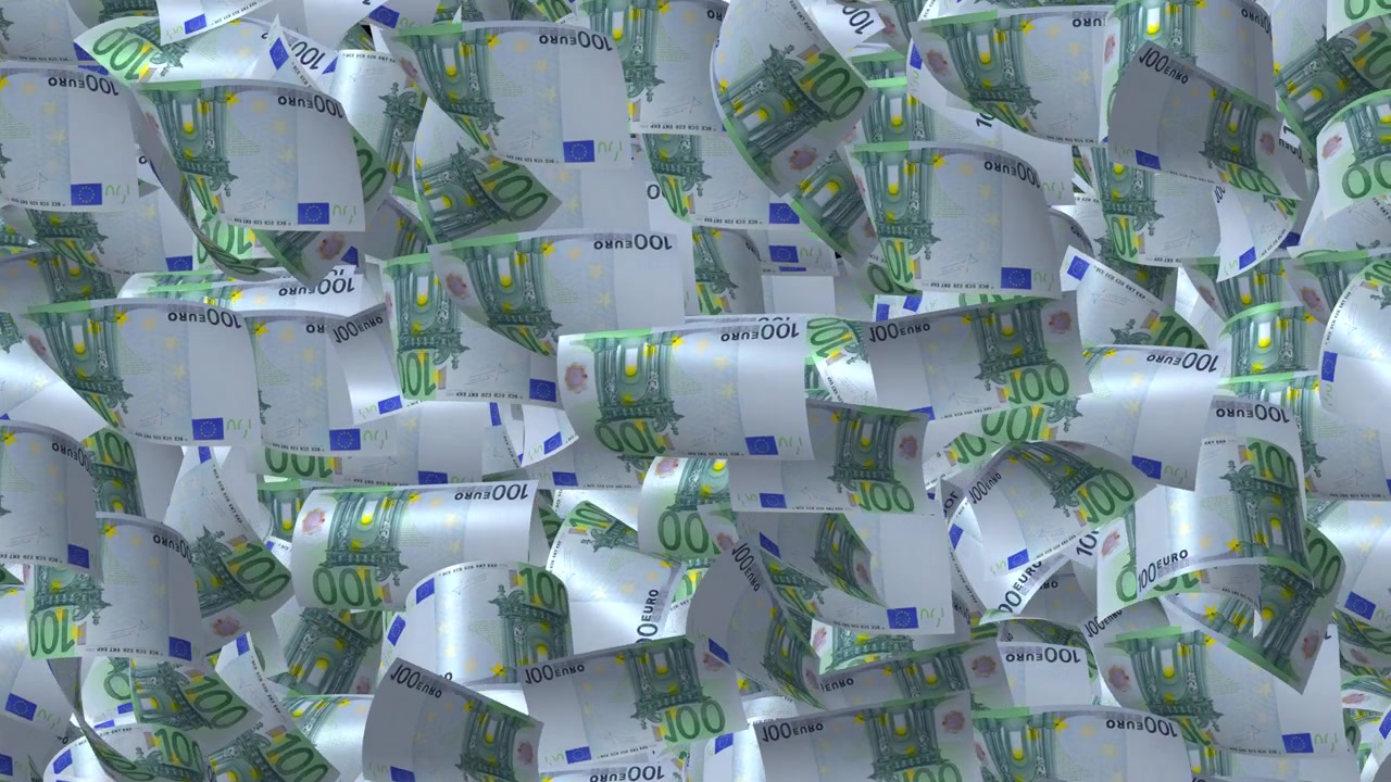Videoübergang mit fallenden Euro-Banknoten: Simulation von herabfallenden 100-Euro-Scheinen mit Alphakanal in 4K-Auflösung