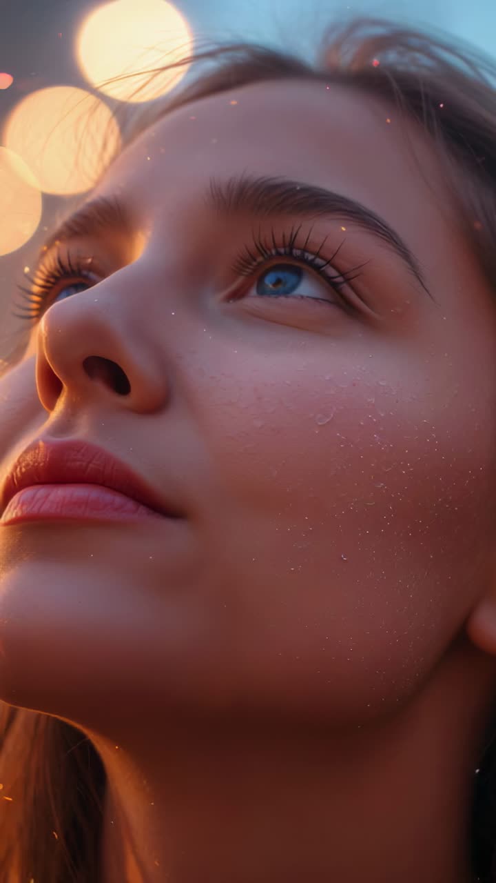 Video verticale: inquadratura dal basso verso l’alto di un volto femminile che chiude gli occhi al crepuscolo con glitter e bokeh