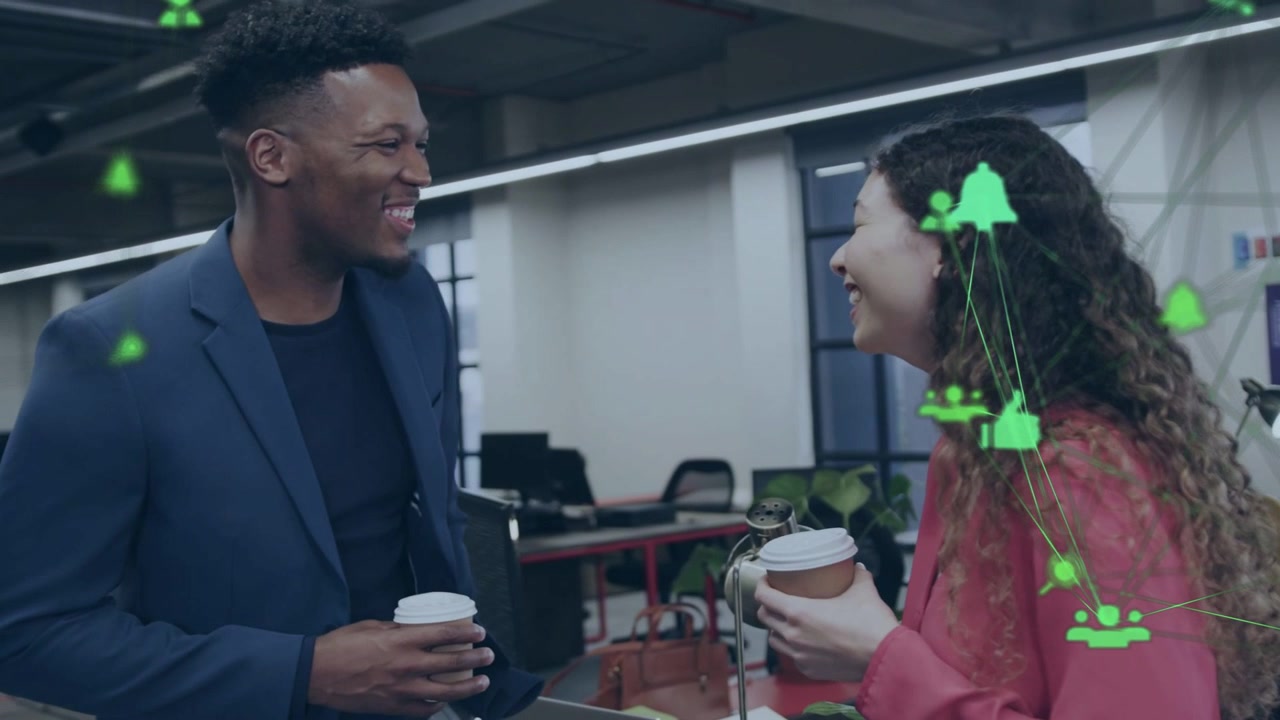 Male workmate with cup smiling starting chat to bond with woman green network icons growing right