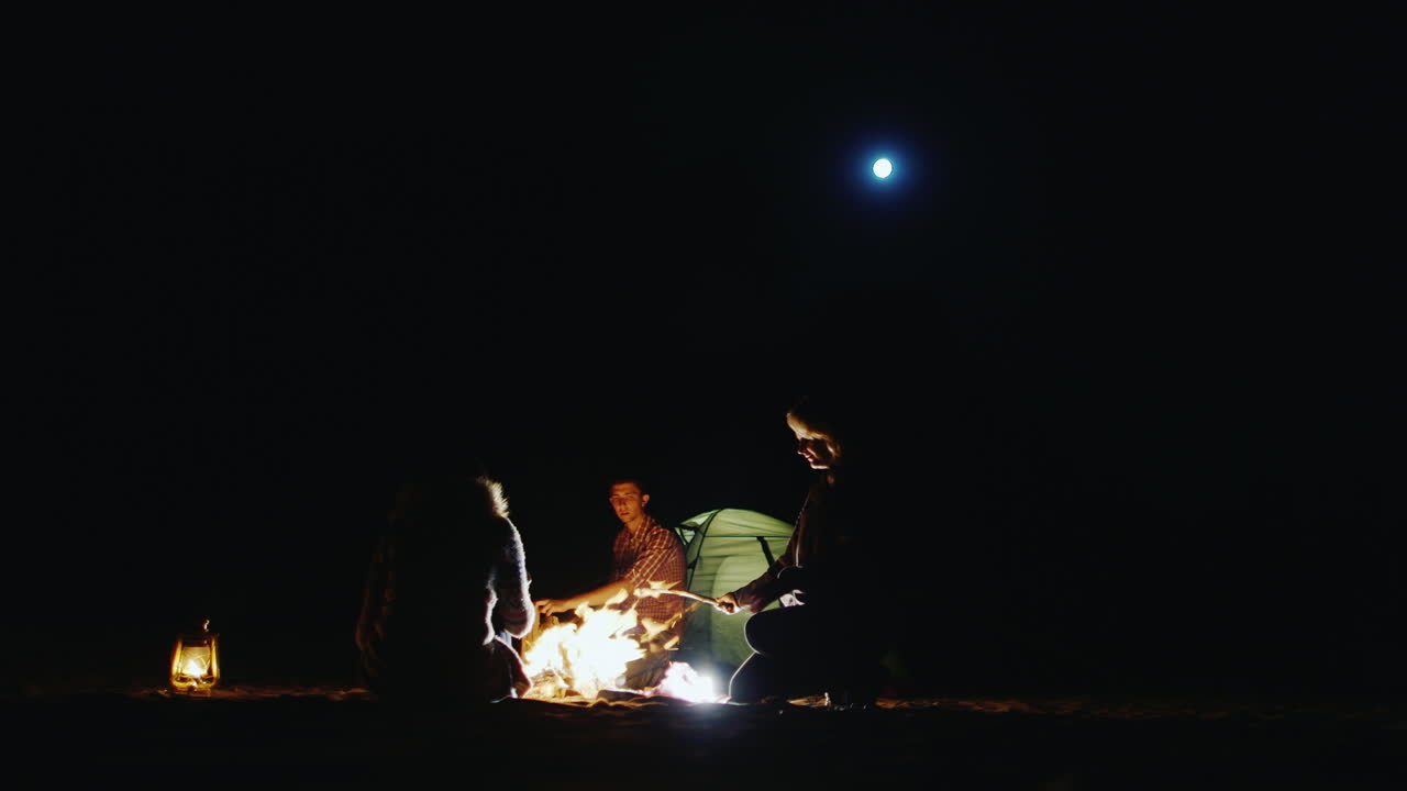 Amigos relaxando ao redor da fogueira, assando marshmallows, com uma mulher segurando espetos e um homem cortando lenha.