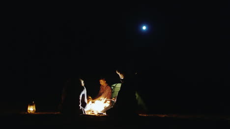 the company of friends relaxing around the campfire roast marshmallows woman on sticks a man choppin