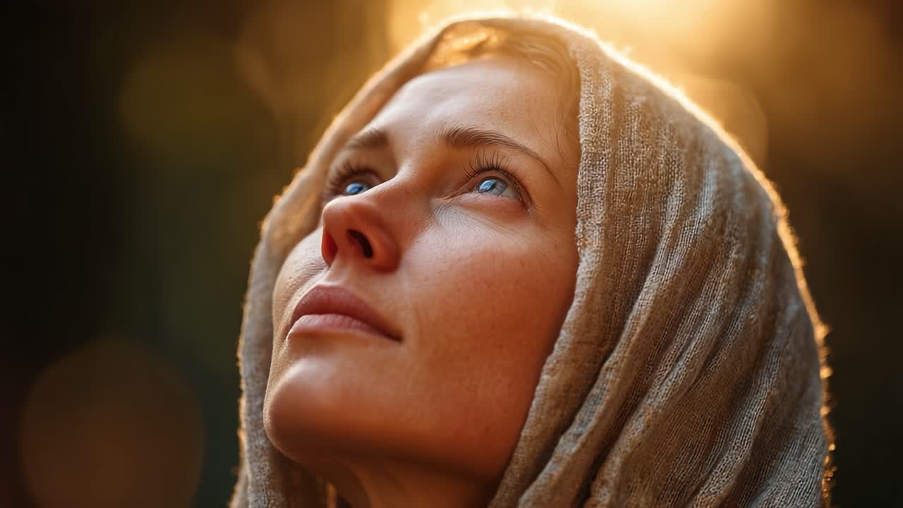 Un Momento Sereno di Contemplazione: Catturare l'Essenza della Riflessione e della Speranza Attraverso una Donna che Guarda Verso l'Alto, Abbracciando la Luce e il Calore della Natura in un Ambiente Magico.