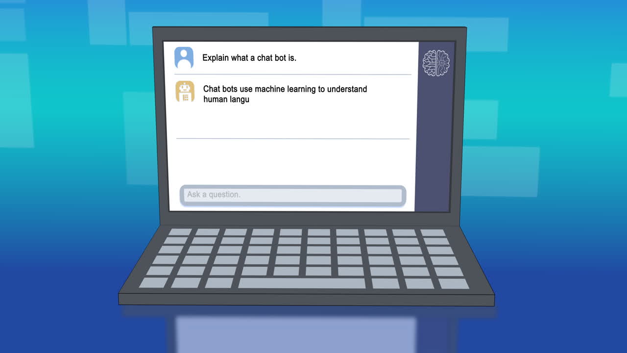 animación de portátil con chat de ia en línea sobre formas en fondo azul.