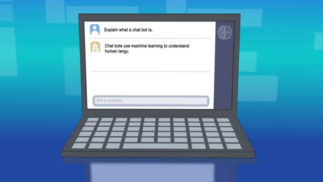 Animation of laptop with online ai chat over shapes on blue background